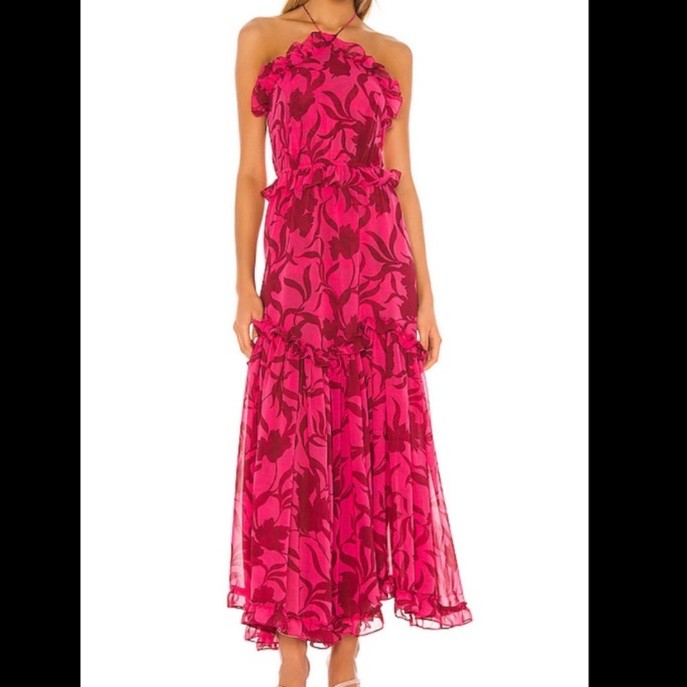 Misa Los Angeles Fuchsia and Magenta Floral Halter Maxi Dress